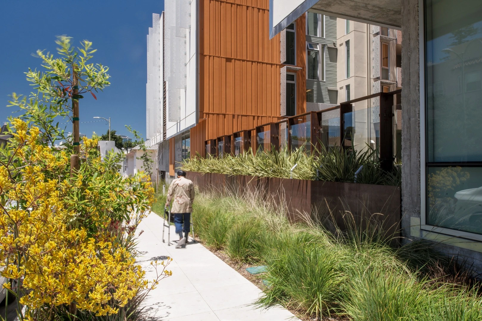Lakeside Senior Apartments was designed by David Baker Architects and provides 92 permanently affordable homes for low-income and special-needs, formerly homeless seniors