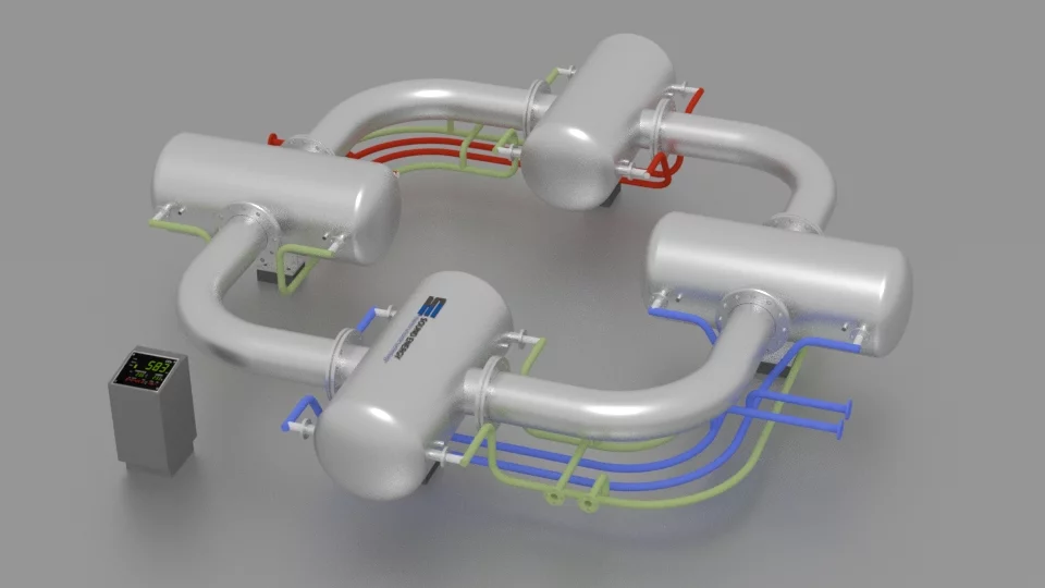 The SoundEnergy design accepts waste heat or solar heat at the red pipes and pumps out cold at the blue pipes