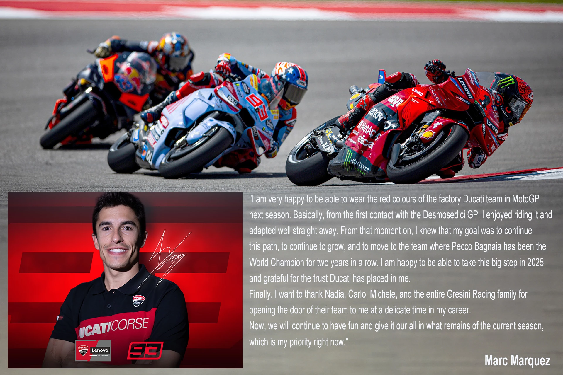 The three fastest riders of 2024 so far have been Pecco (Francesco) Bagnaia (Ducati Lenovo), Marc Marquez (Gresini) and Jorge Martin (Prima Pramac Racing). Both Bagnaia and Martin have 2024 factory-spec bikes, while Marquez is riding a 2023 hand-me-down which various experts have rated at between 0.3 seconds to 1.0 seconds a lap slower than the 2024 bike. Marquez makes that much difference!