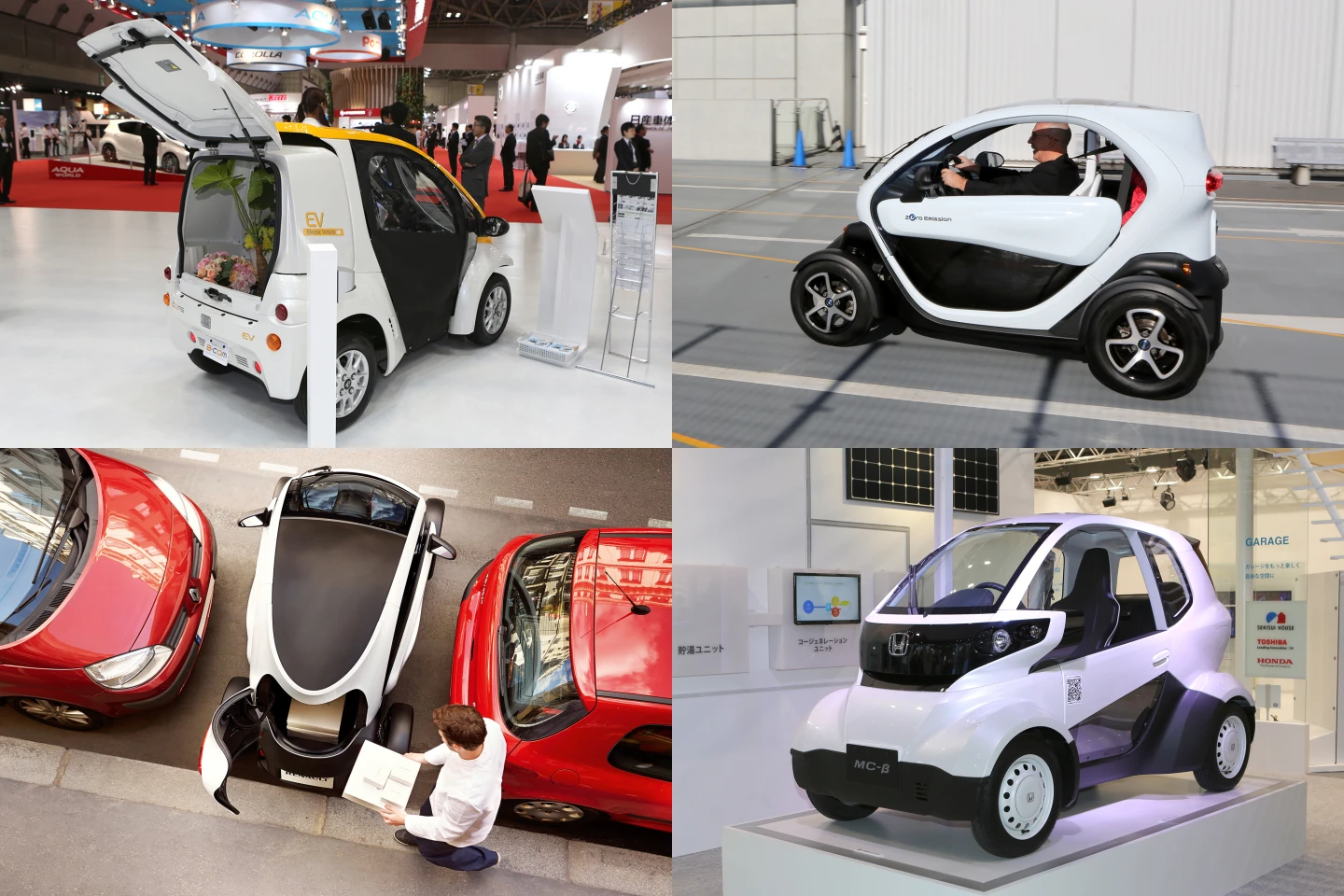 Many more miniature, narrow-track cars with electric power trains are coming to market over the next few years. From top left clockwise, Toyota's COMS, Nissan's Mobility Concept, Honda's MC-β and Renault's new Twizy Cargo