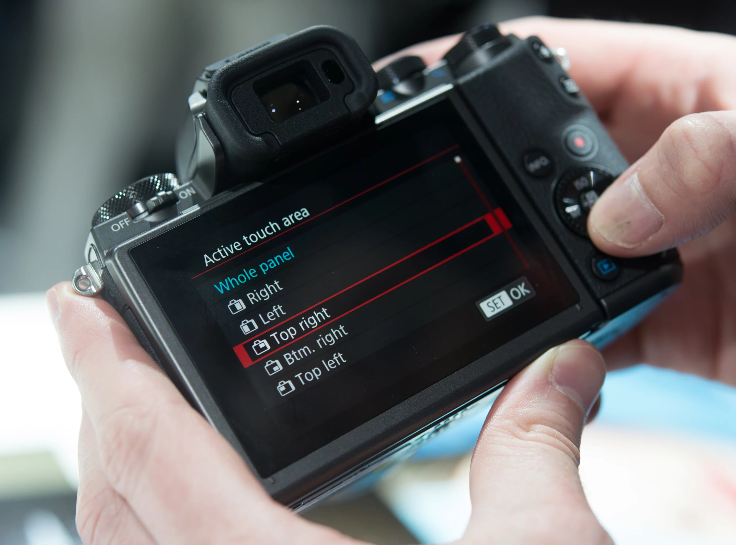 The rear touchscreen of the Canon EOS M5 can be used to set focus points, even when using the EVF