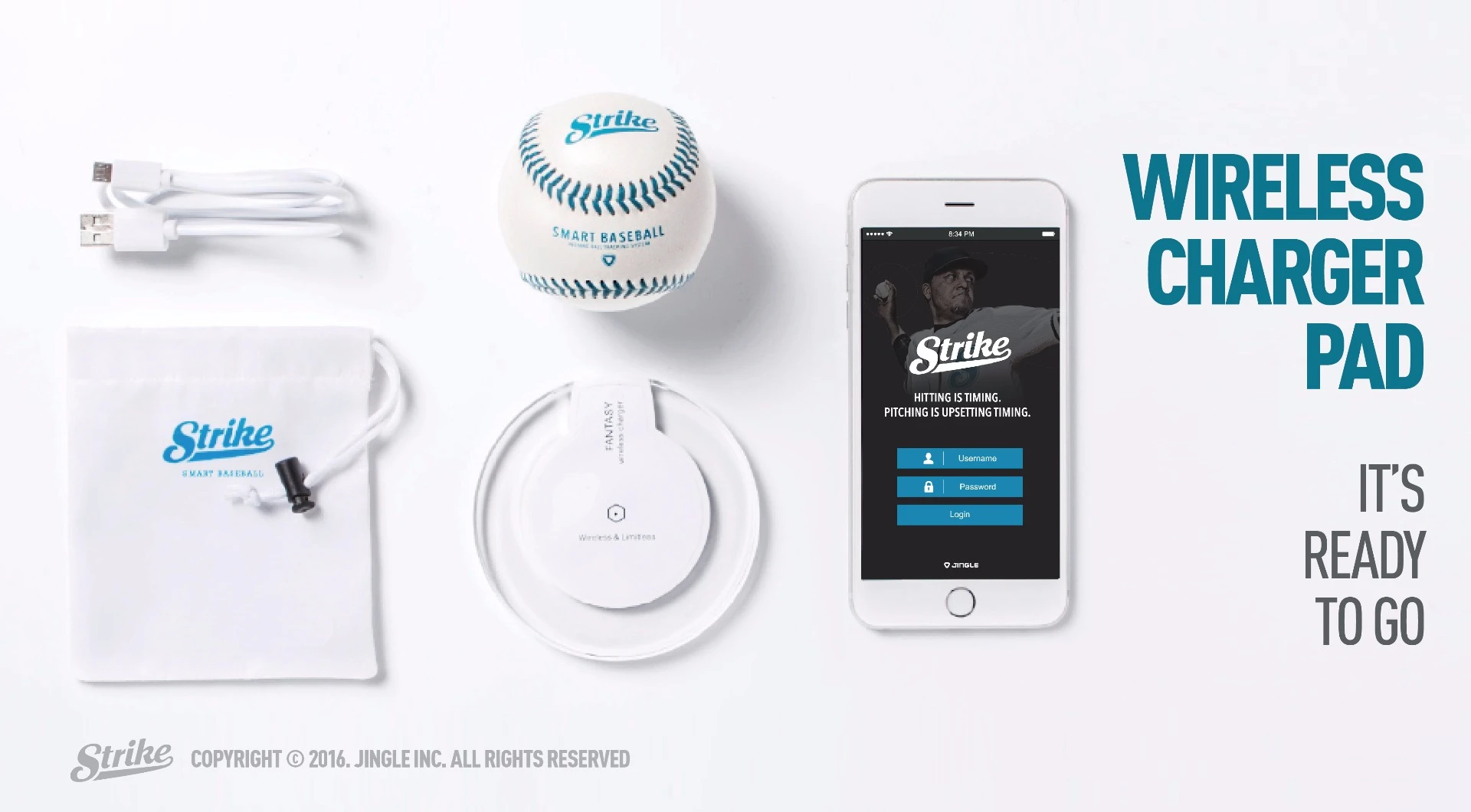The Strike smart baseball, with its wireless charging pad and app