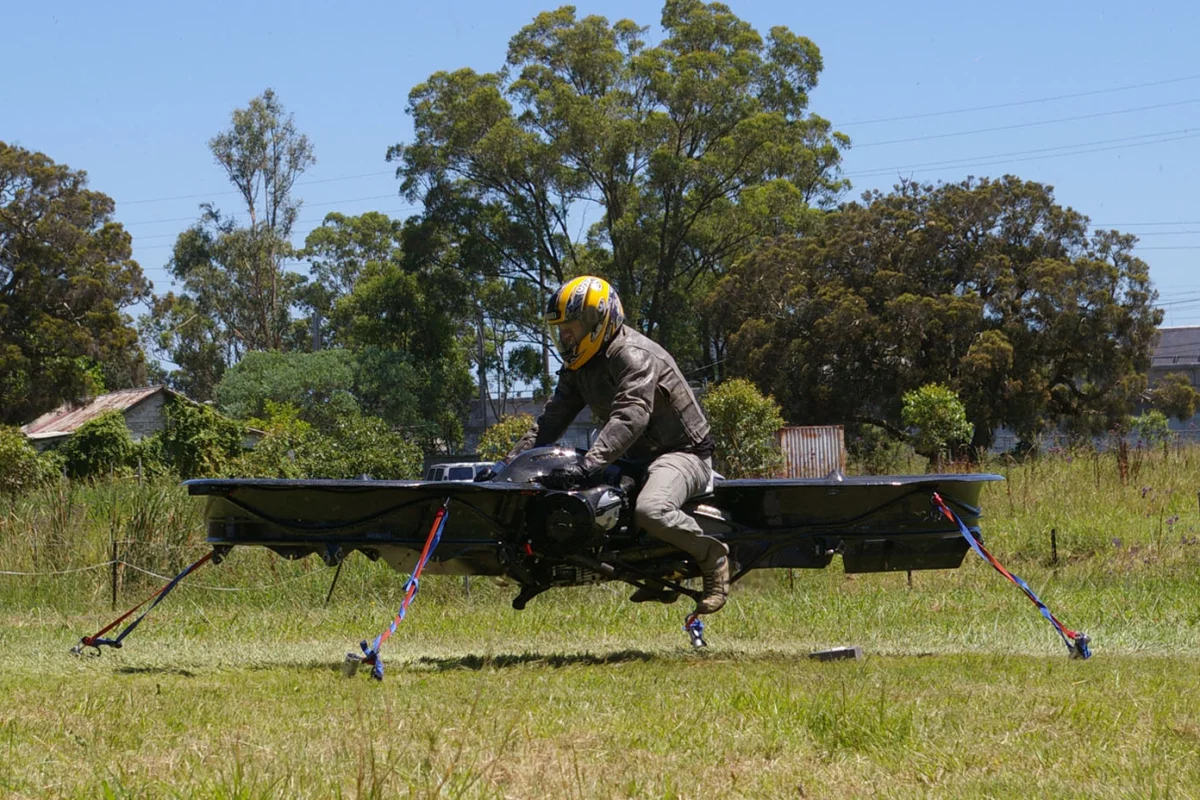 The Hoverbike prototype lifts off in a tethered flight test