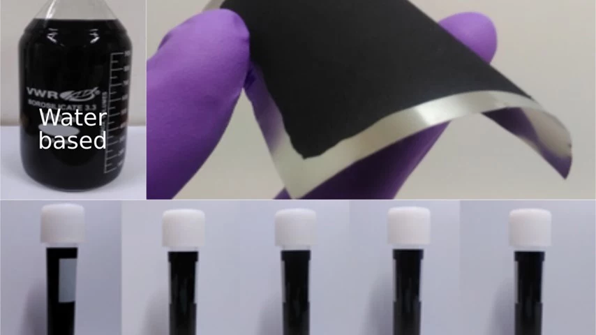 The team's graphene dispersions, in storage (bottom row) and after being painted onto metallic foil