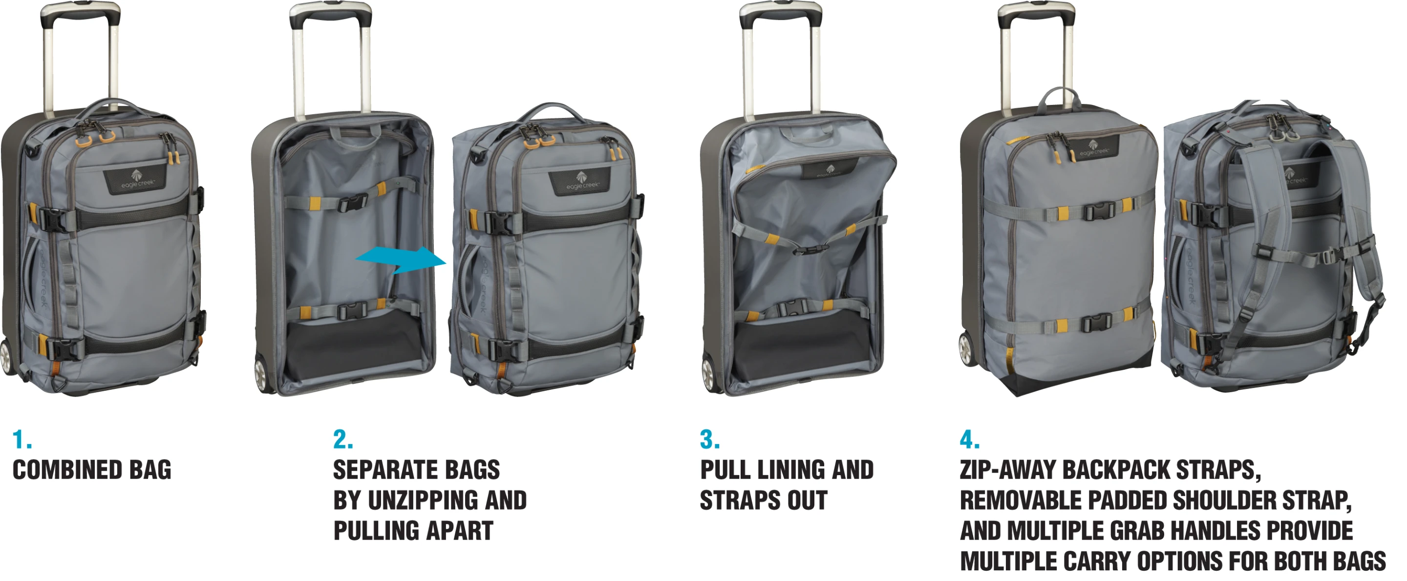 The Eagle Morphus splits into a backpack and separate roller suitcase