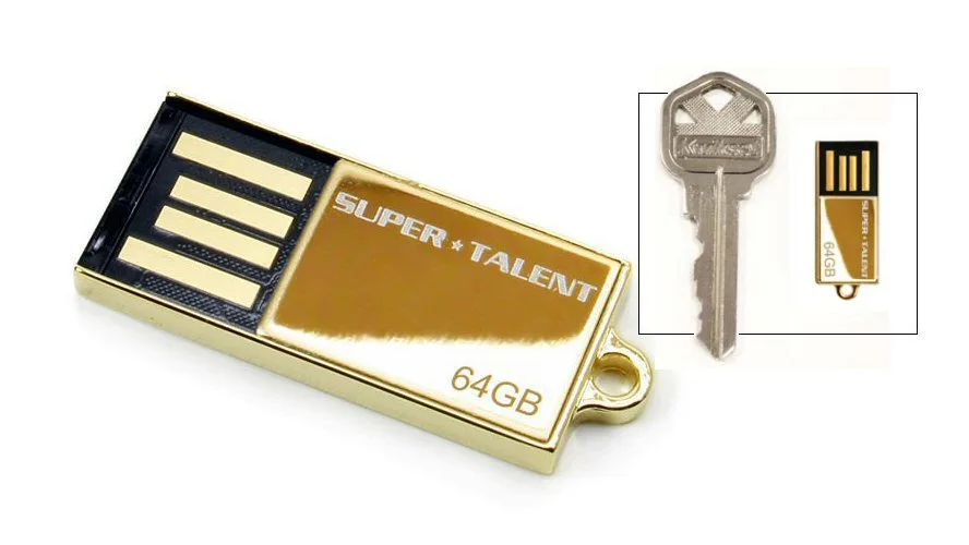 Super Talent's special edition 64GB USB flash drive is available only with 24K gold plating and is claimed to be the world's smallest at this capacity