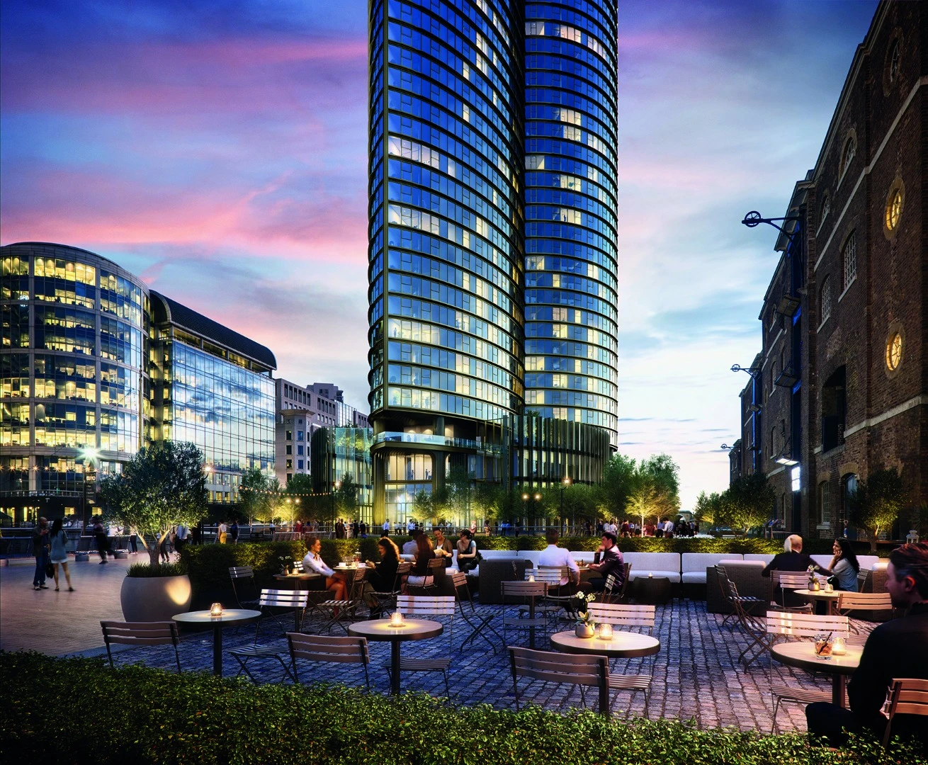 Outside, there will be a paved piazza, entrance driveways, birch trees, sculptural benches and a fountain