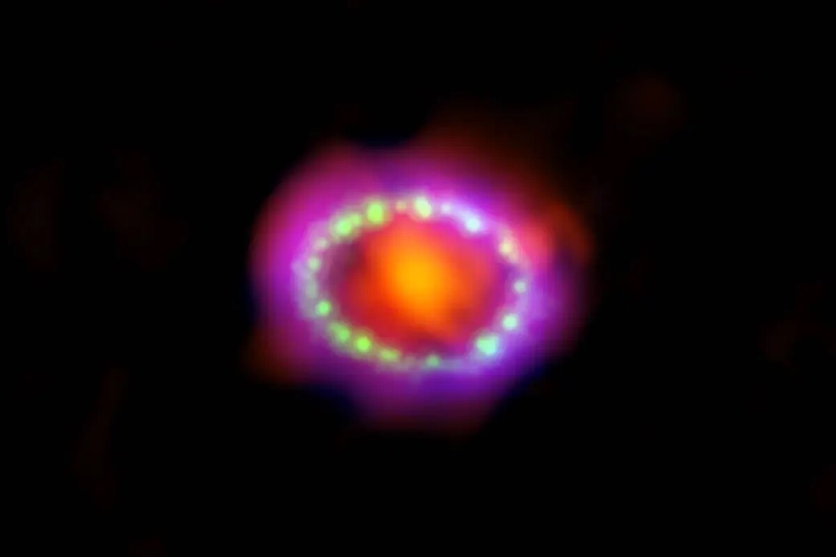 A composite image of the supernova remnant SN 1987A, made up of X-rays, optical and submillimeter wavelengths. It's home to the youngest detected neutron star