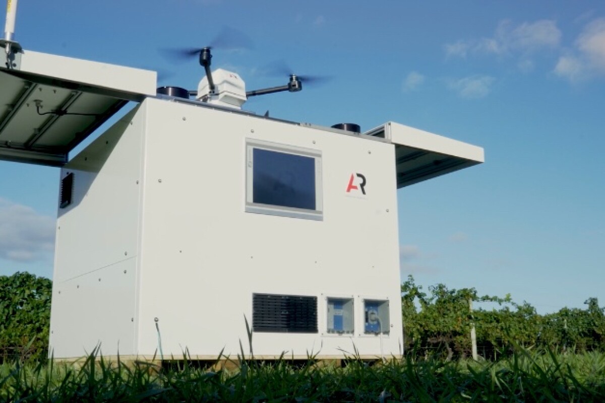 The Scout agriculture drone, about to take off from its Drone Station