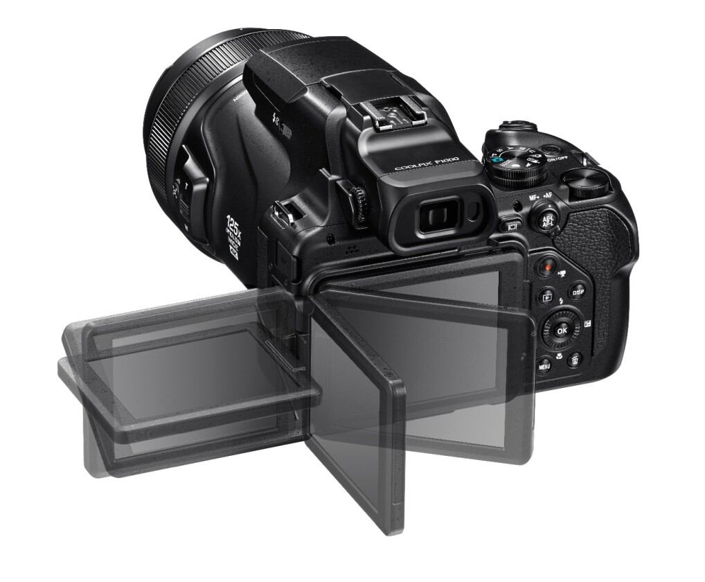 Framing up on the Coolpix P1000 can be undertaken on the 2.36 million dot OLED viewfinder or 3.2-inch, 921k-dot non-touchscreen tilting LCD panel