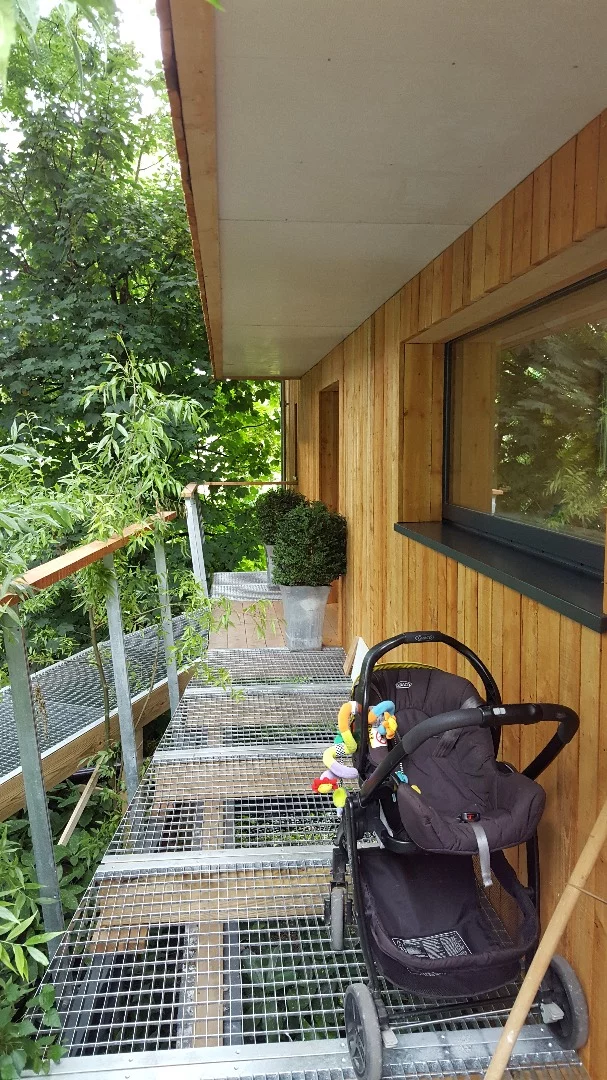 Many of the home's features were built from reclaimed materials, including the balconies