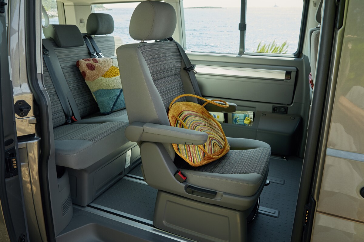 With the kitchen folded neatly, the California Beach has room for a three-seat rear bench, plus one or two additional seats