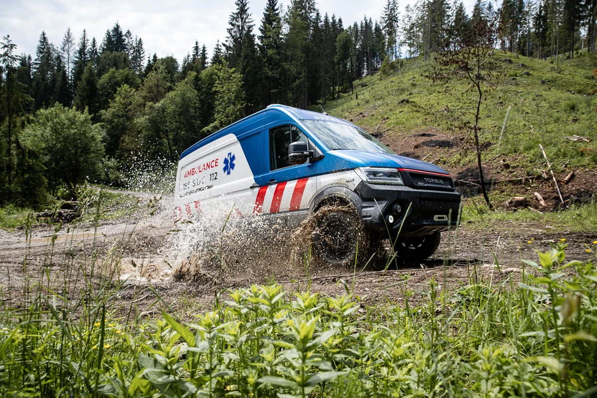 The Torsus Terrastorm ambulance leaves the pavement behind on its mission