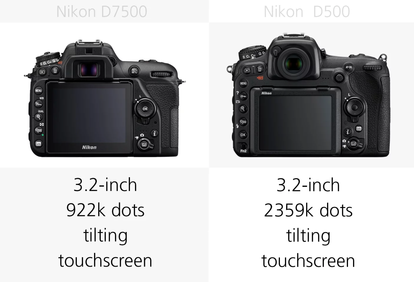 The rear monitors of the Nikon D7500 and Nikon D500 compared