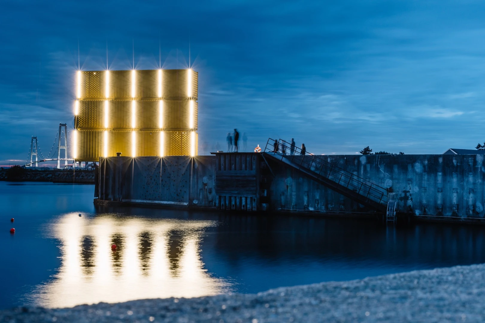 The Water Sports Center Halsskov's diving tower is illuminated with LED lighting