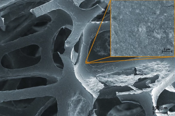 The carbon nanotube coating (inset), applied to polyurethane foam (Image: Kim/NIST)