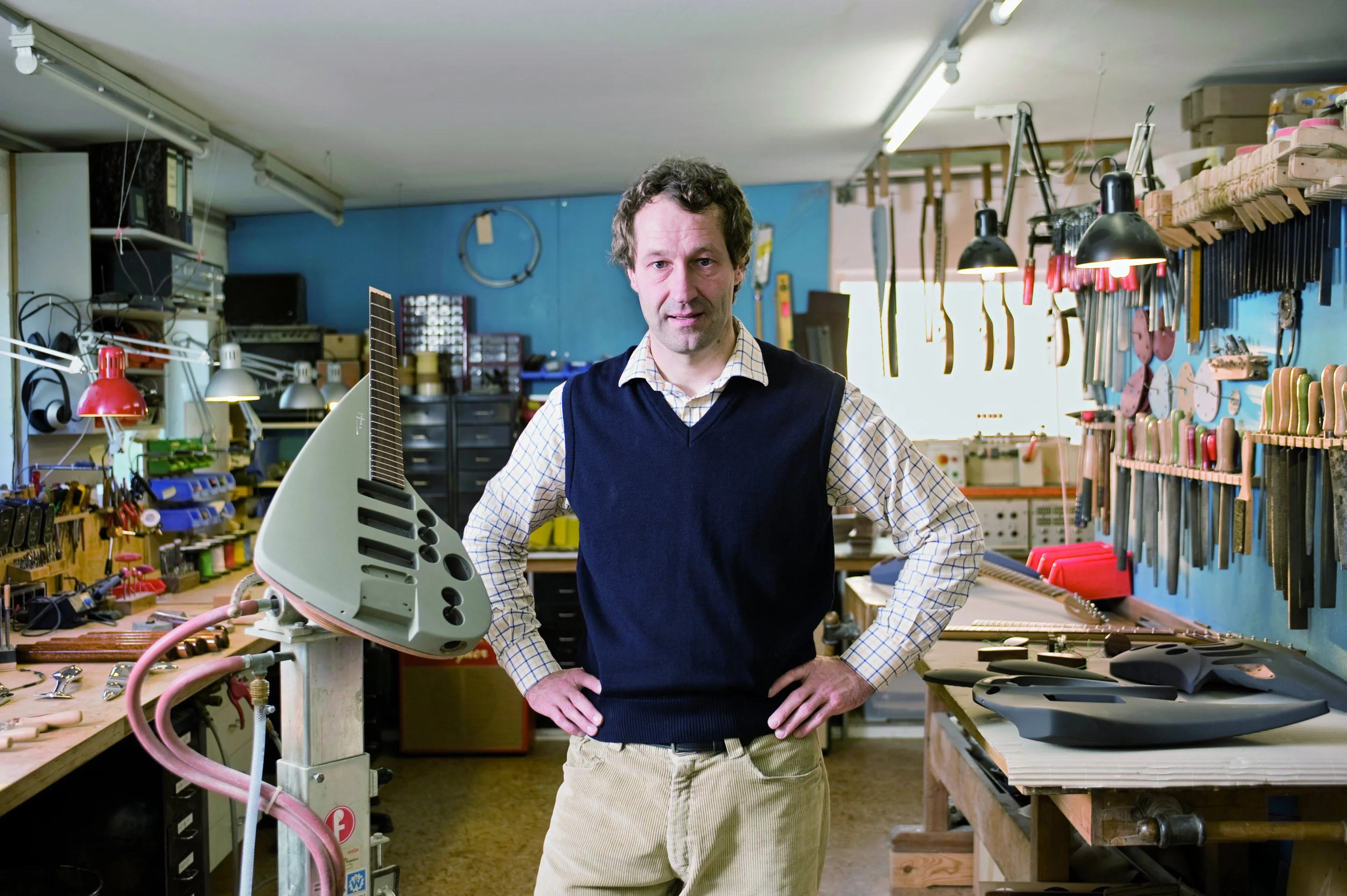 German luthier Ulrich Teuffel in his workshop