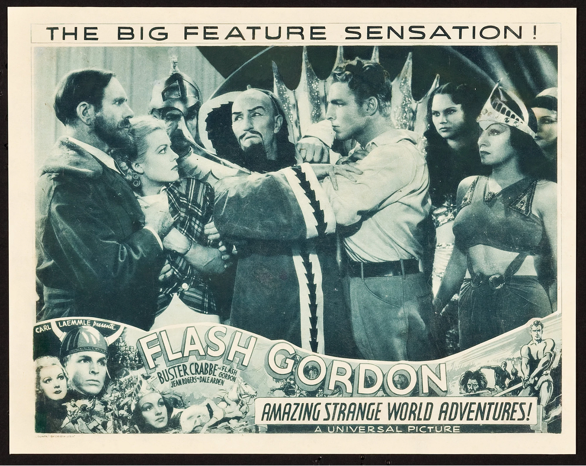 Flash Gordon was featured in three serial films: Flash Gordon (1936), Flash Gordon's Trip to Mars (1938), and Flash Gordon Conquers the Universe (1940). These movie serials were popular during the first half of the 20th century, consisting of a series of weekly episodes exhibited in consecutive order at theaters during the “shorts.” Each episode ended in a “cliffhanger” which helped to entice the audience back to the movie theater the following week for the next feature film, making the extremely popular Flash Gordon important to generating box office in movie theaters as audiences followed his adventures over months. Lobby cards such as this were important in promoting the next episode of the serial and are now highly sought after by collectors