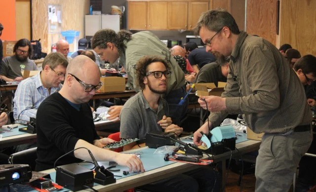Particpants learn to build the Werkstatt-Ø1 at the Moogfest 2014 Engineering VIP Workshop