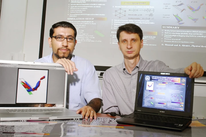 Alexander Alexeev and Hassan Masoud, with their computer model of flapping-wing flight (Photo: Gary Meek)