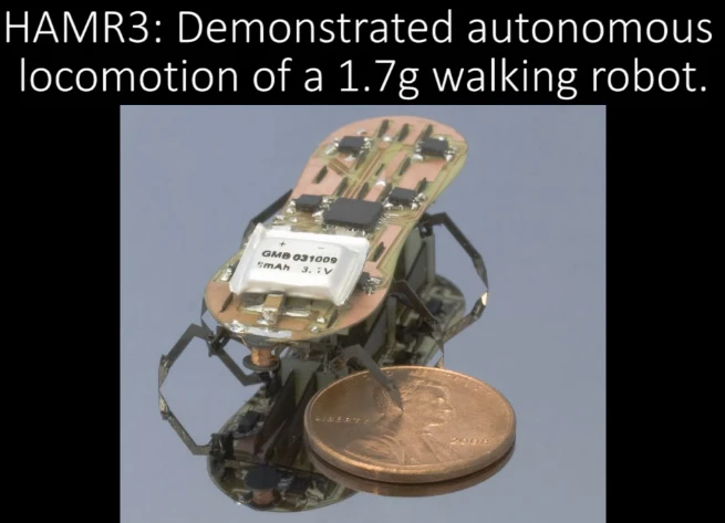 HAMR3 is a 1.7 gram six-legged microrobot that carries its own power source