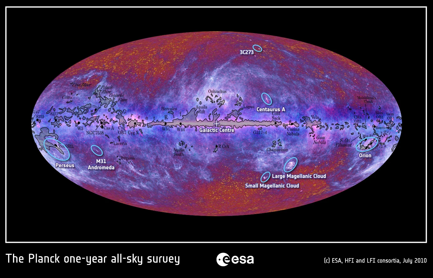 Labelled 2010 Planck image of the microwave sky (Image: ESA)