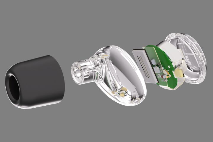 Exploded view of one potential application for the Montara Plus silicon-based microspeaker - audiophile-grade in-ear monitors