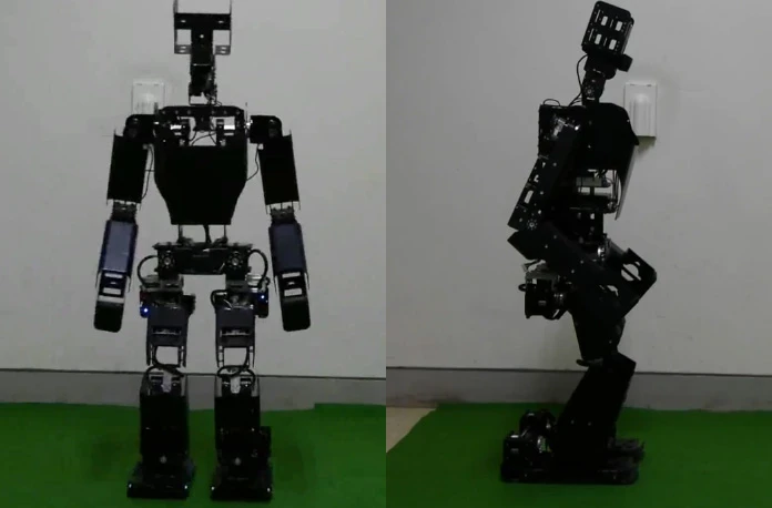 Front and side views of RoboBuilder's 95 cm tall, 10 kg RQ-TITAN soccer robot