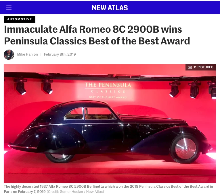 In February, 2019, David Sydorick's 1937 Alfa Romeo 8C 2900B Touring Berlinetta won the Peninsula Classics Best of the Best award
