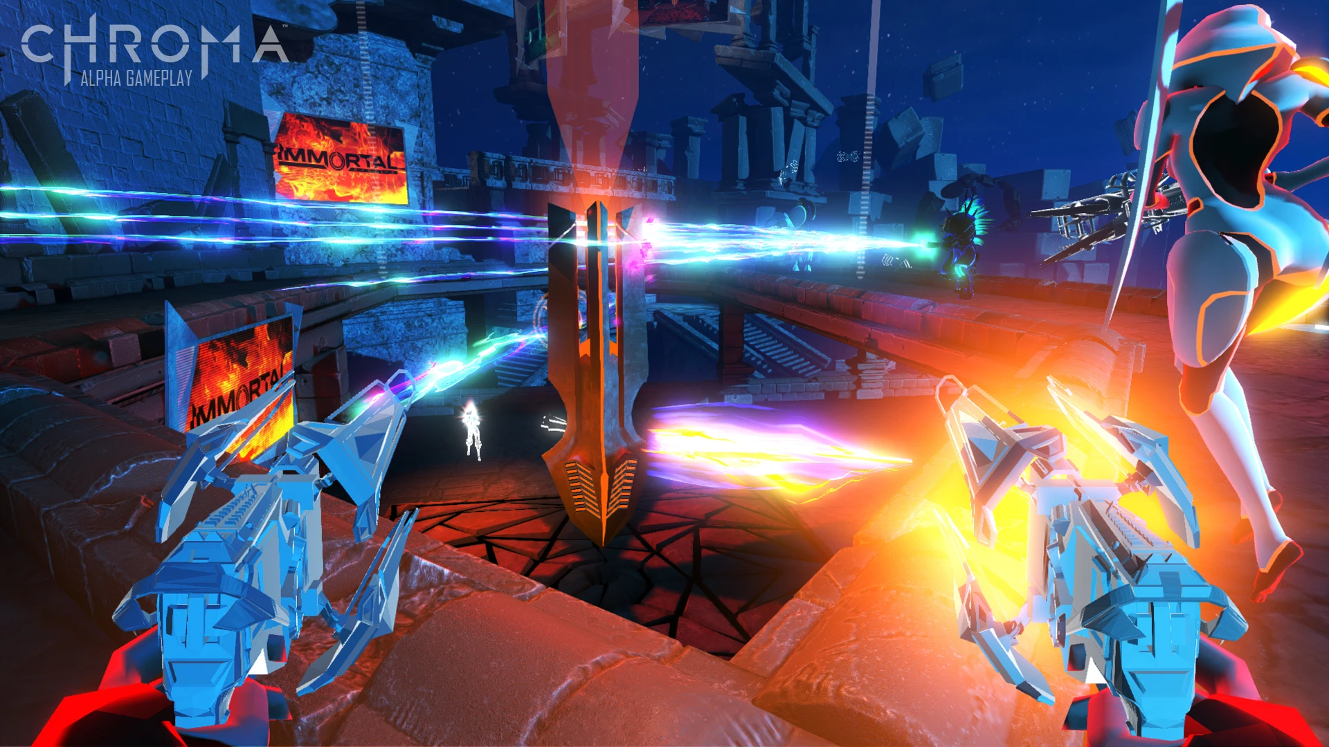 Chroma features an arena-style battlefield, multiple classes, primary and secondary weapons, and multiplayer and team elements
