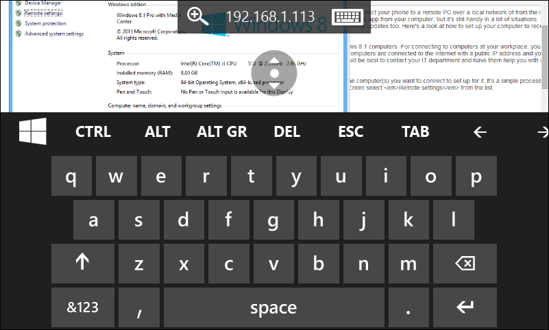 Type on the remote computer via the onscreen keyboard