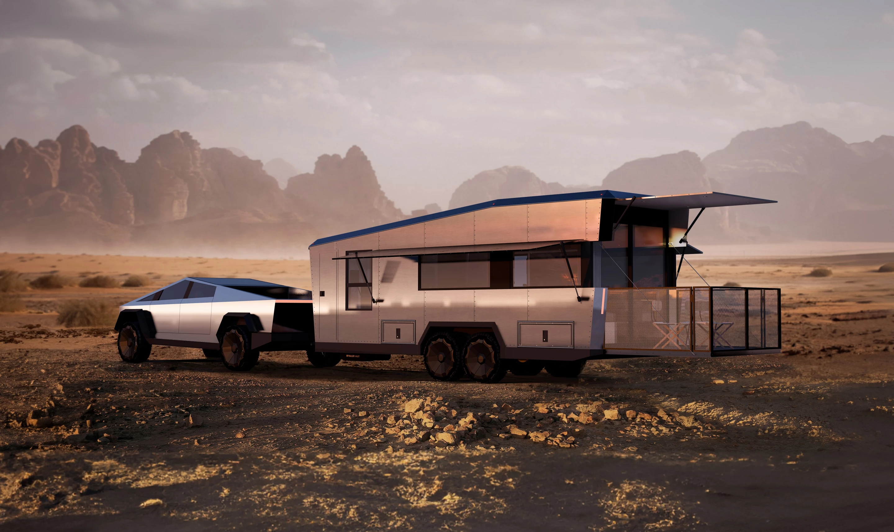 The Living Vehicle Cybertrailer includes deployable solar-topped window and deck awnings for up to 5,000 watts of charging