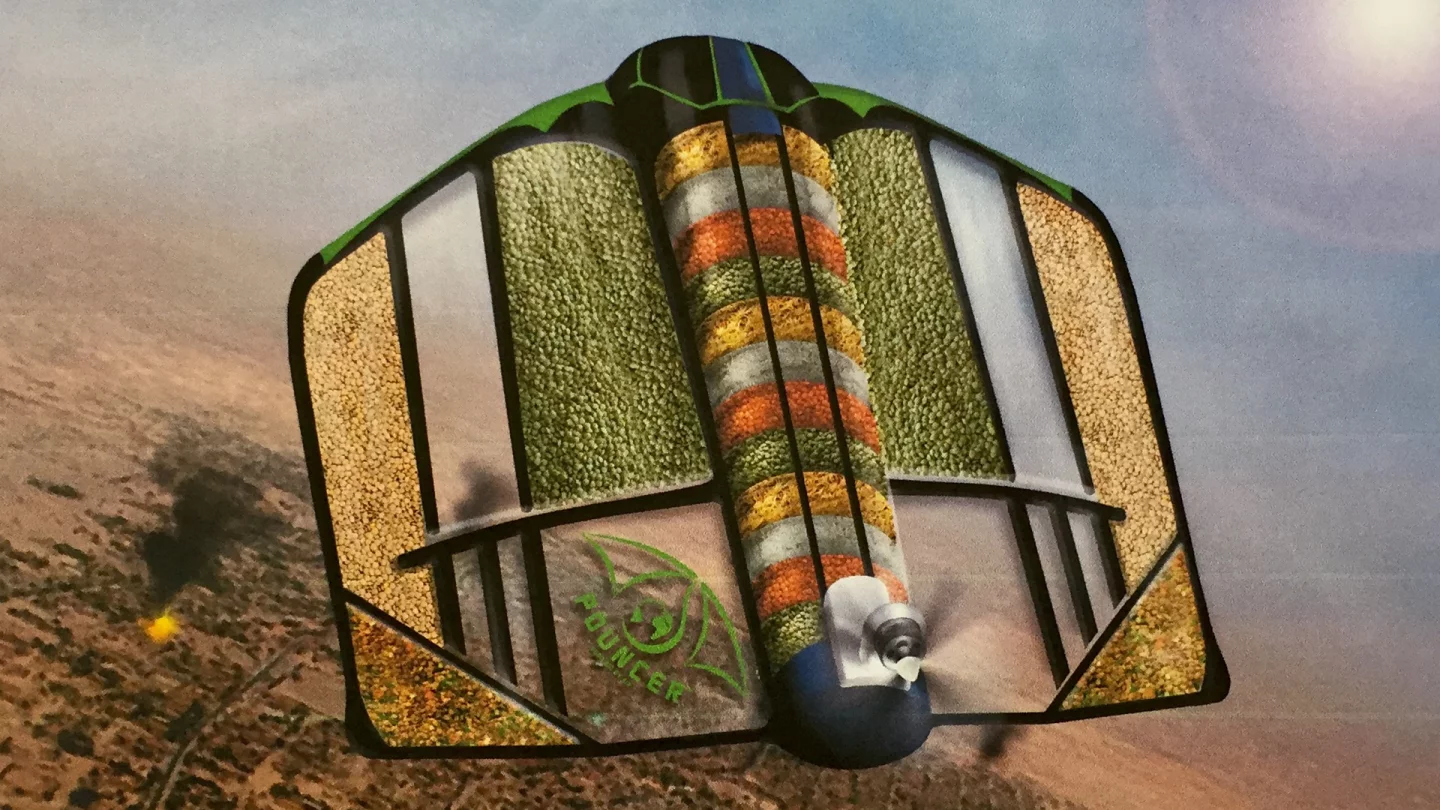 Vacuum-packed food, water and medical supplies would be integrated as partial components within the wings and body of the Pouncer