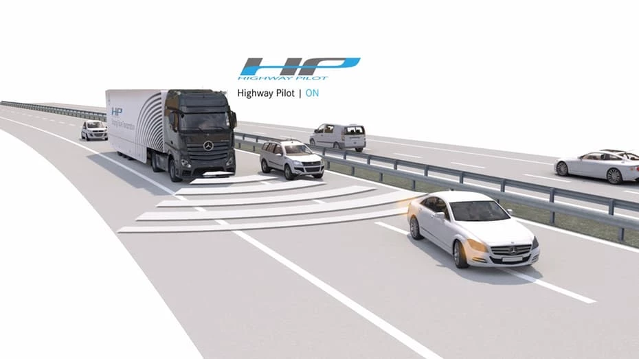 The three trucks in the trial use a connected version of Daimler's Highway Pilot system