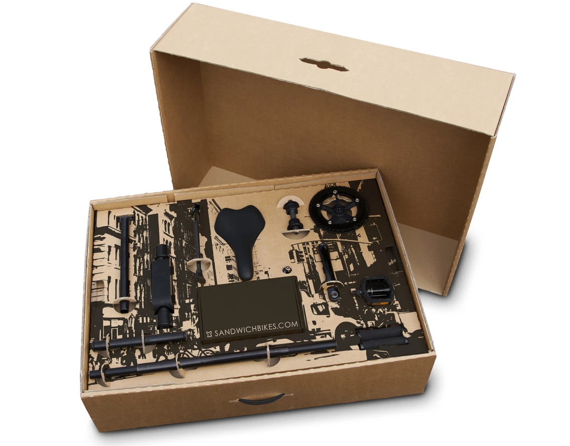 The bike comes in a flat-packed box with less than 50 parts, and the tools necessary for assembly