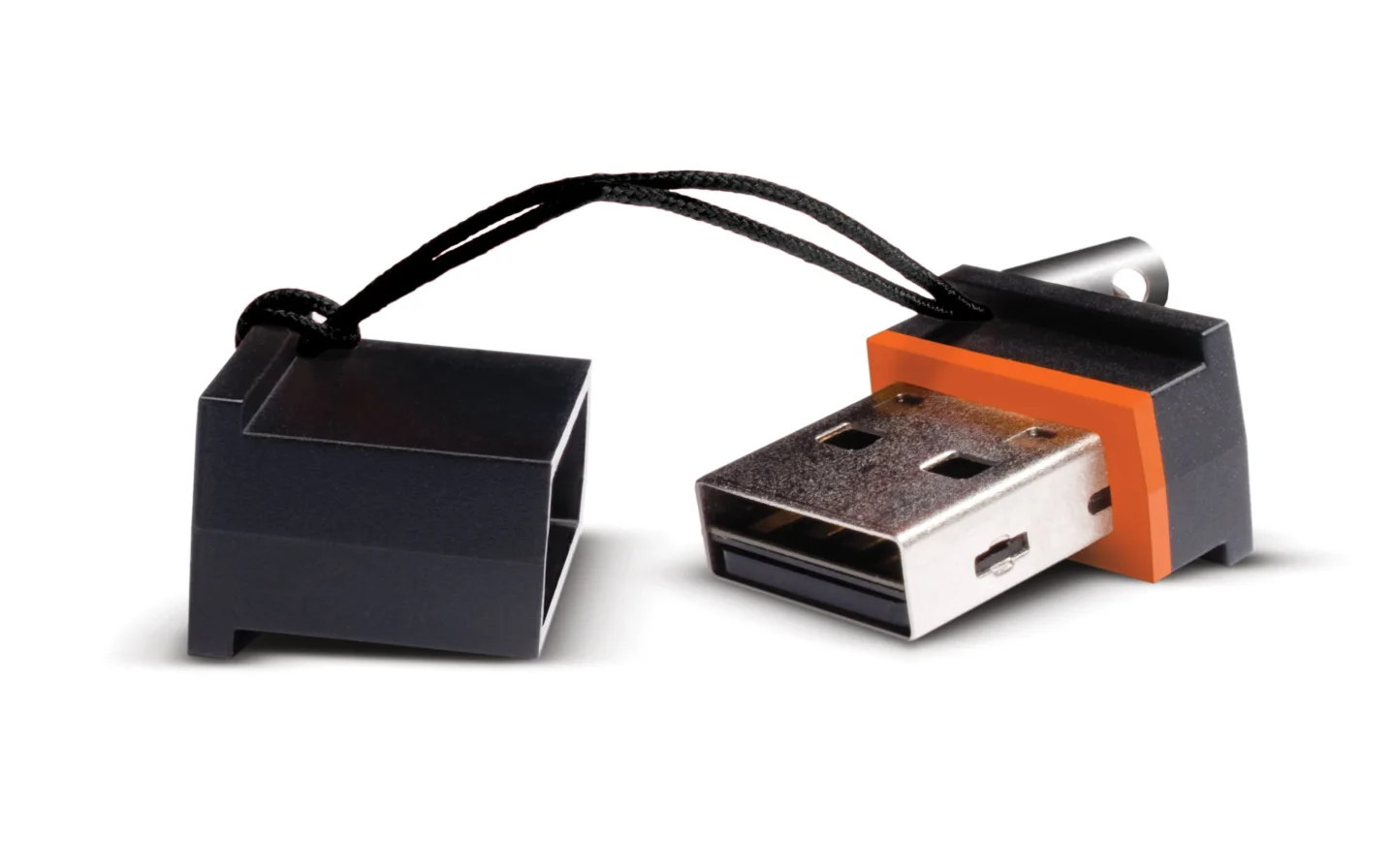 The nylon strap and protective cap of LaCie's MosKeyto USB flash drive