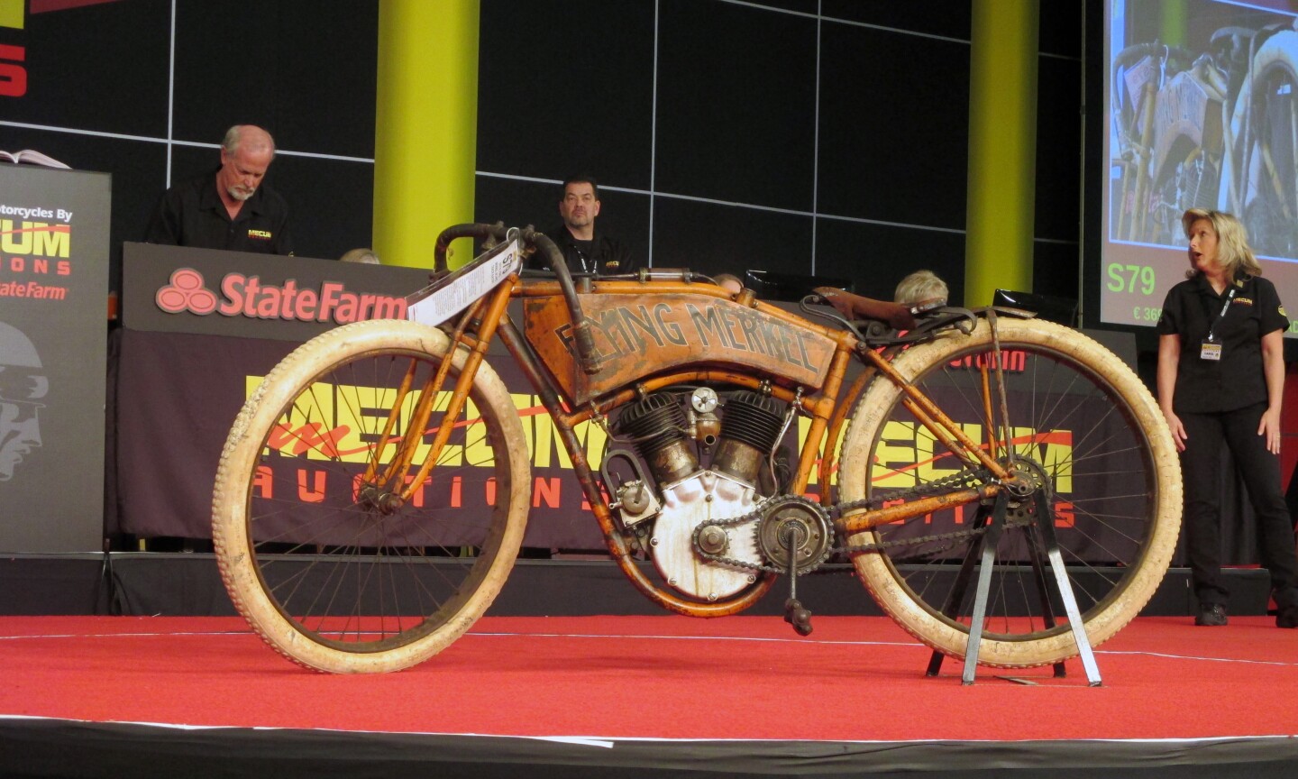 In stunningly original, as-raced condition, the 1911 Flying Merkel Board Track Racer set a new record for the marque with a hammer price of $385,000 and a total buy-price of $423,500 including buyer's commissions.