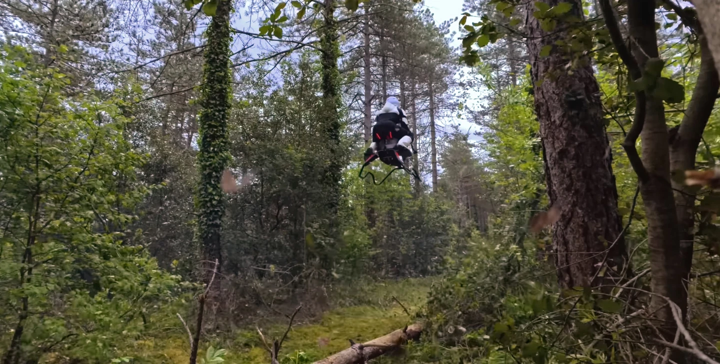 The Volonaut Airbike flying through the trees, as best as we can tell