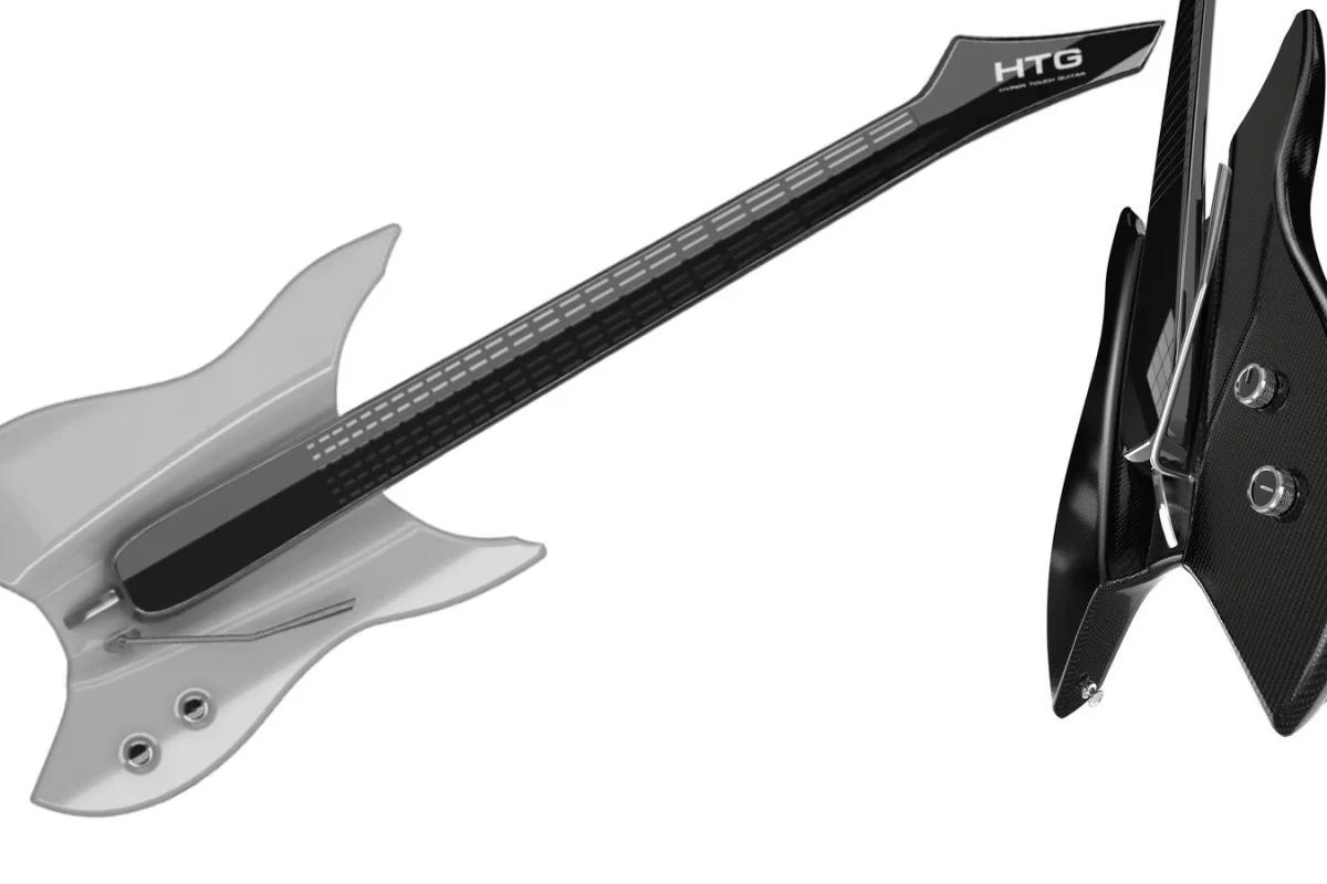 The Hyper Touch Guitar concept features a capacitive touchscreen neck with 24 fret positions, and either a small touchscreen pick zone version or one where the multi-touch interface continues down into the body from the neck