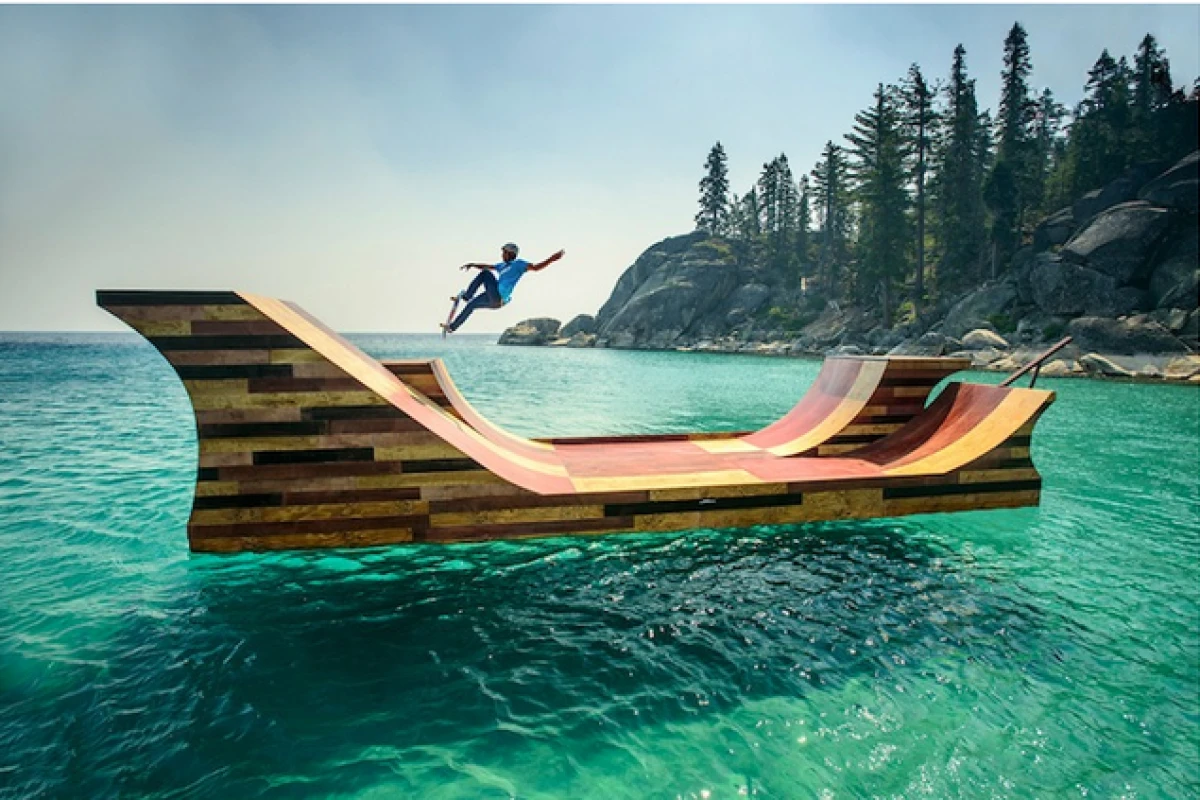 A 7,300 lb (3,311 kg) floating skateboard ramp was installed on Lake Tahoe as part of Visit California's Dream365 tourism campaign