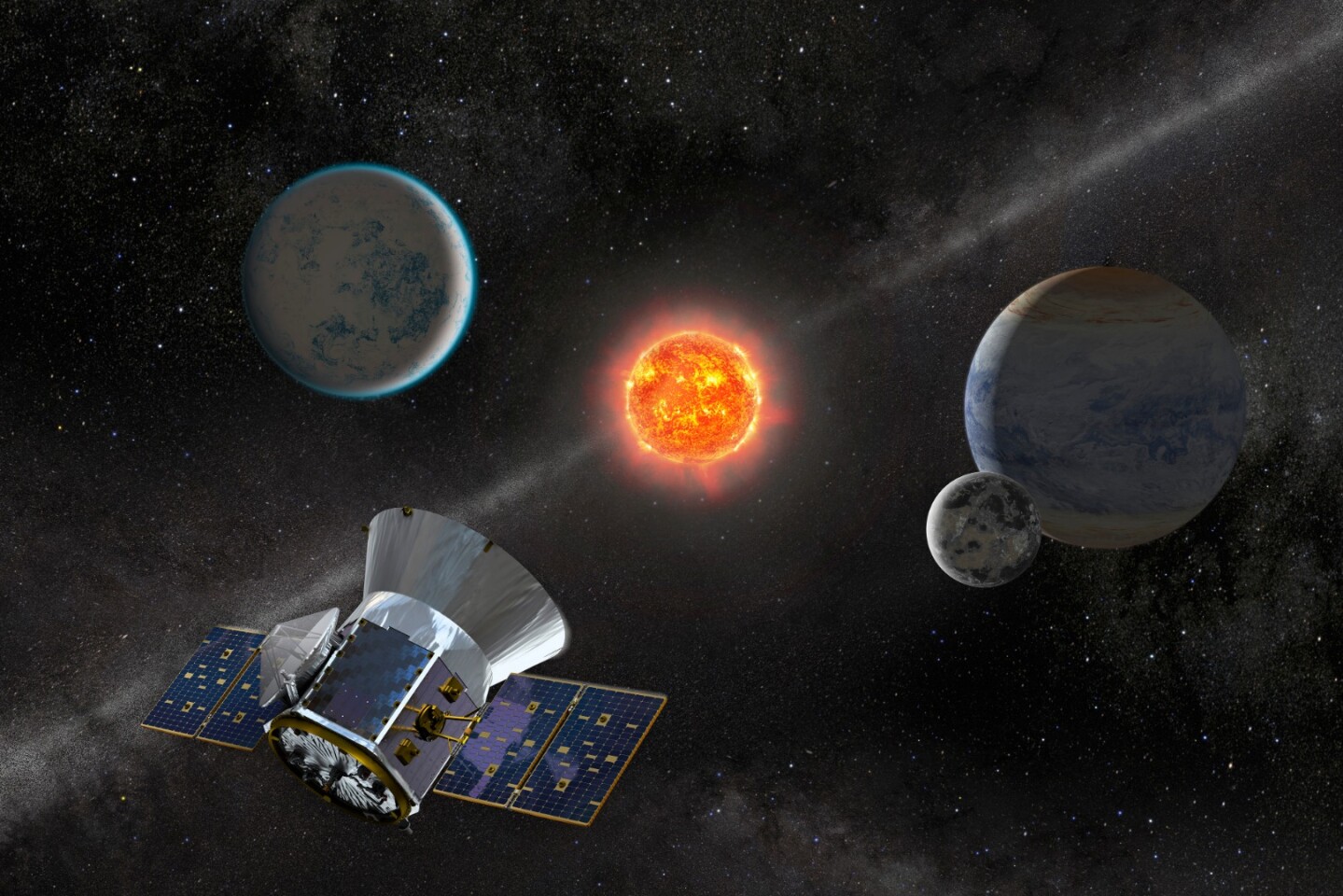 Artist concept of TESS observing an M dwarf star with orbiting planets