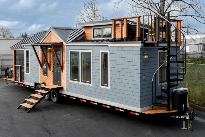 The Cascade Mini is topped by a rooftop terrace area that is accessed by a spiral staircase