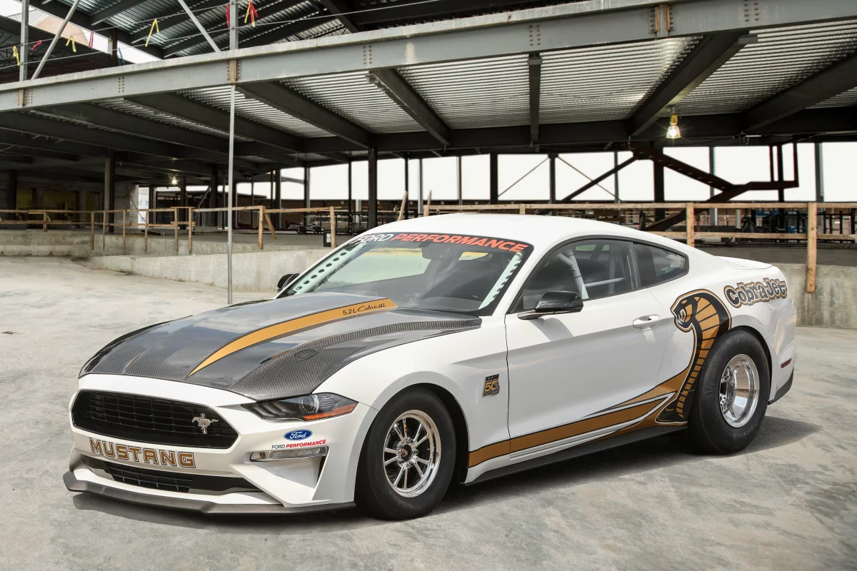 The Ford Performance 50th Anniversary Mustang Cobra Jet is capable of topping 150 mph (241 km/h) and hitting mid-8-second runs in the quarter mile (0.402 km)