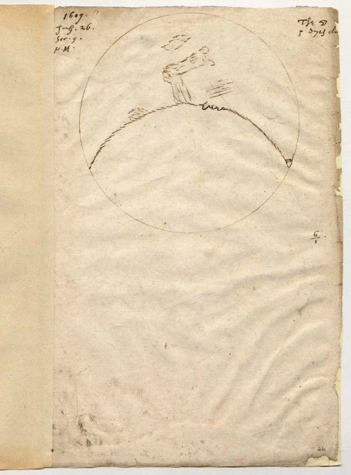 Harriot’s 26 July 1609 sketch of the Moon – the first known drawing of a celestial body via a telescope, Image copyright Lord Egremont, Petworth House Archives