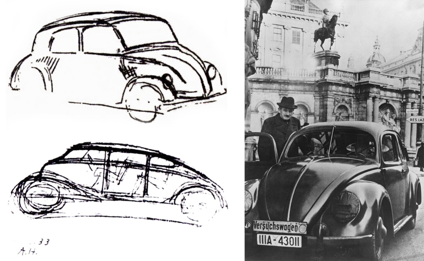 It all stemmed from those sketches above, made by Adolf Hitler. The man on the right is Ferdinand Porsche who designed the Beetle for Hitler, borrowing heavily from prior art, not all of it his own.
