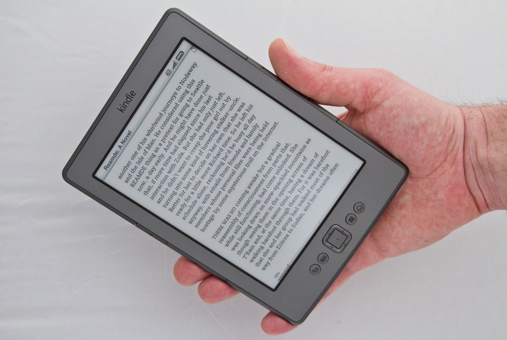 At 6.5 x 4.5 x 0.34 in (166 x 114 x 8.7 mm), the 2011 Kindle fits in the alm of a hand