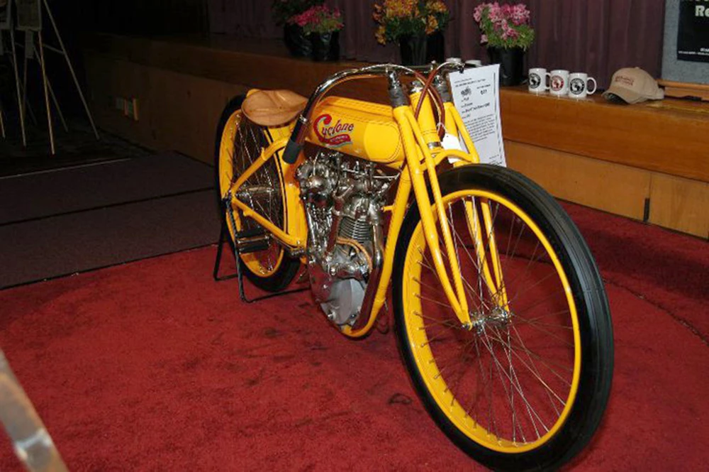 This near identical 1915 Cyclone Board Track Racer set a world record or a motorcycle at auction when it sold for US$551,200 at a Mid-America auction in July, 2008