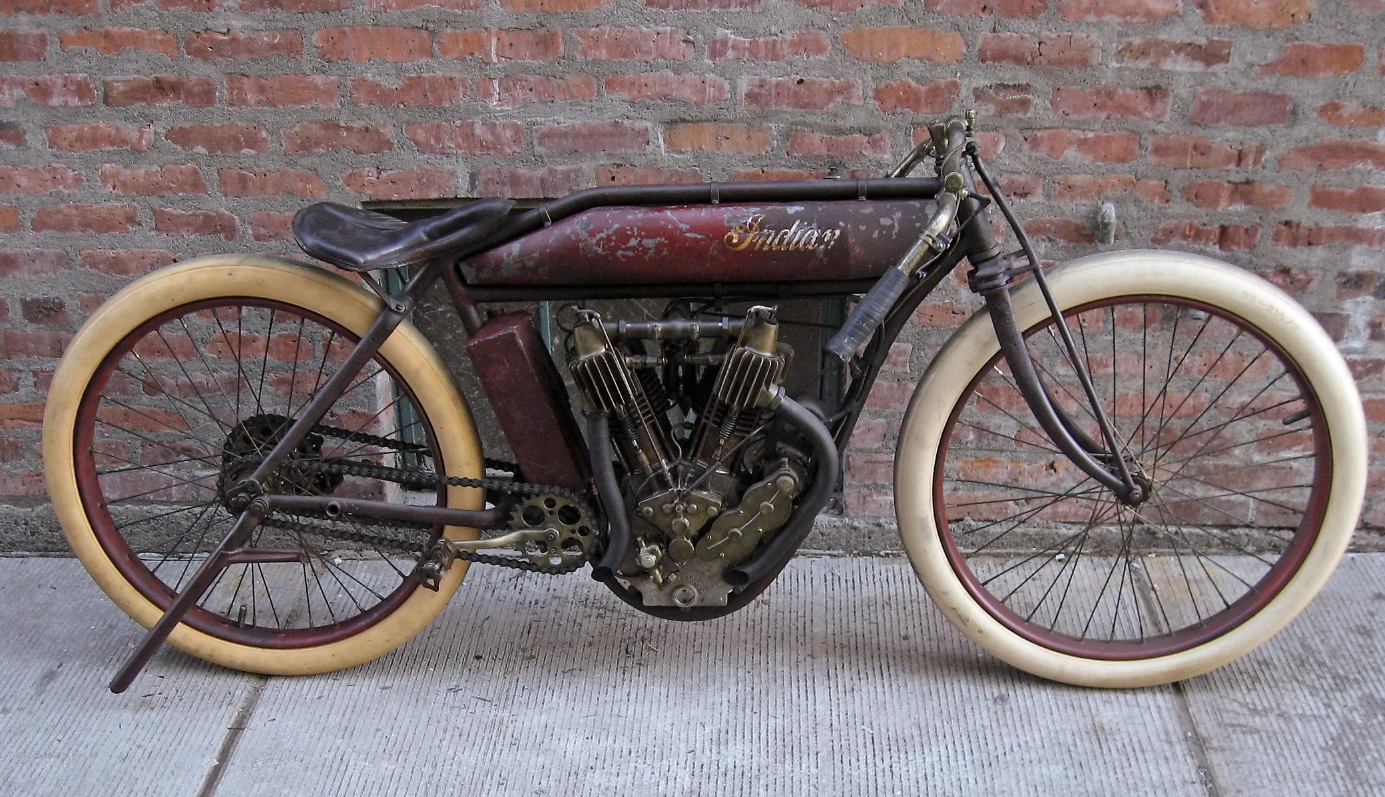 The very first motorcycle to leave the Springfield factory in 1912, this 61ci (1000cc) Indian V-twin board-tracker was raced originally in the Mount Rainier area of Washington State. It was sold in complete, unrestored and original condition for US$124,700 in November, 2007.