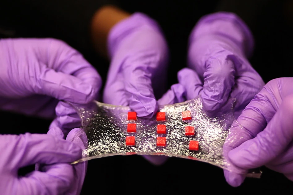 A sheet of hydrogel is bonded to a matrix of polymer islands (red) that can encapsulate electronic components such as semiconductor chips, LED lights, and temperature sensors