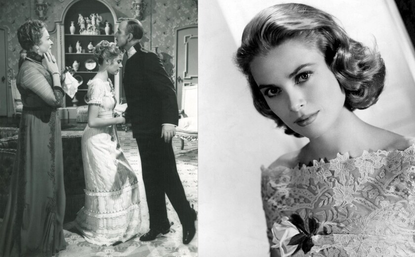 Grace Kelly wearing Lot 196 in the 'The Swan' when her character, Princess Alexandra first meets Prince Albert (Alec Guinness). Lot 196 at Bonhams and TCM "Treasures from the Dream Factory Auction, 23 November, 2015. At right is a publicity shot of Kelly, the girl who became a superstar, then gave it all up to become a real-life princess.